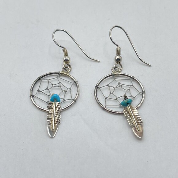 Dream Catcher Turquoise Sterling Silver Native American Earrings - Picture 1 of 5